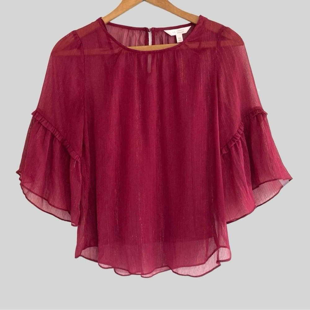 Y2K Sheer PolyChiffon Top XS Burgundy & Metallic Pagoda  Bell Sleeve Whimsigoth